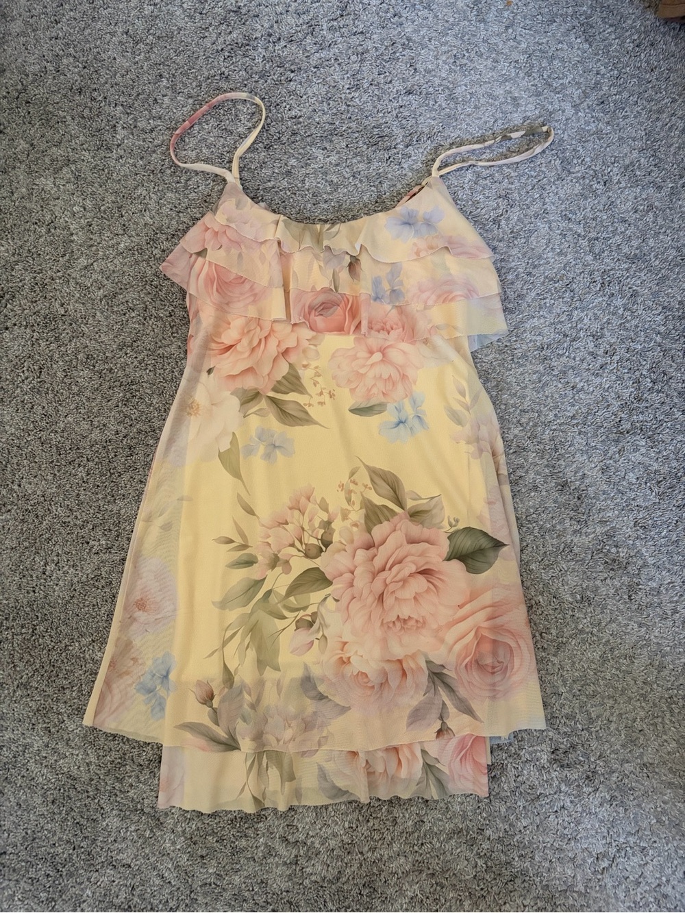 Pastel Yellow Floral Ruffle Mini Dress with Pink Accents
